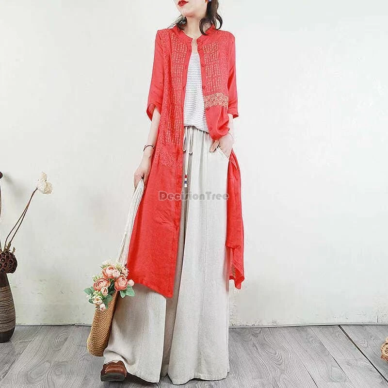 2024 vintage literature art cotton linen embroidery top mediun long length sunscreen coat loose versatile fashionable cardigan