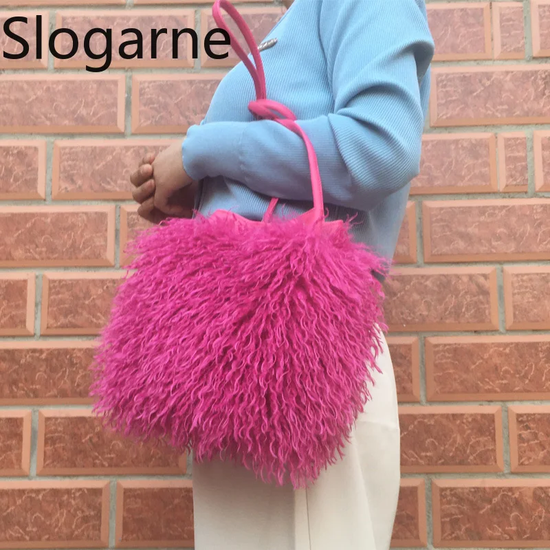 Bolso de hombro de piel larga a la moda, bolso de piel sintética 2025 para mujer, bolsos peludos de oveja mongol de lujo para niñas, bolso de lujo, riñoneras