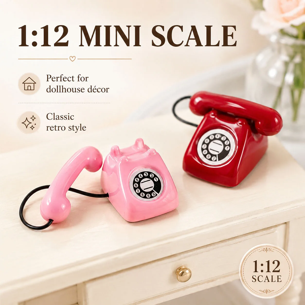 Telefone Retrô Miniatura 1:12 para Decoração de Casa de Bonecas, Modelo de Telefone Rotativo Vintage com Cabo, Acessório de Telefone de Mesa Pequeno