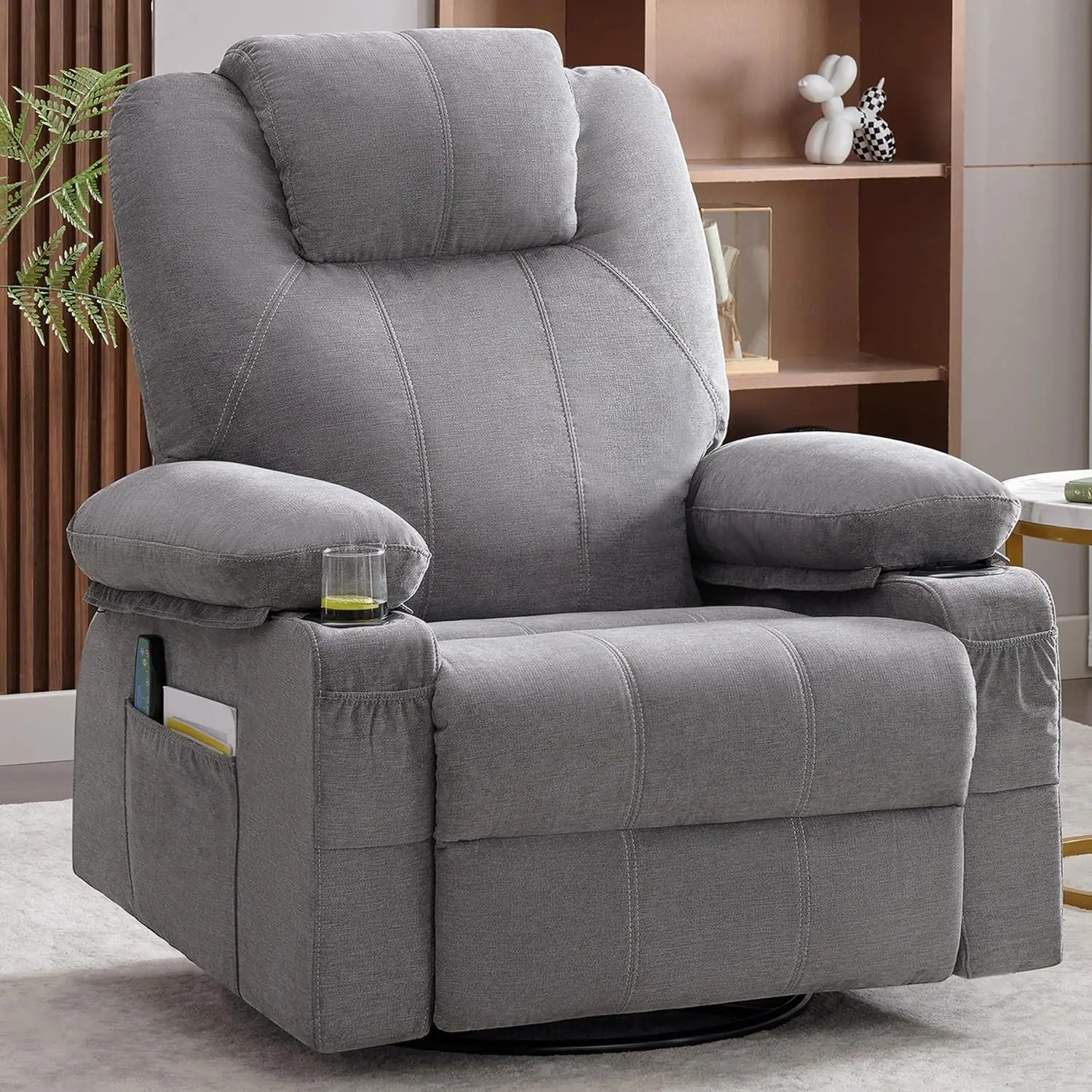 

Rocker Recliner Chair with Heat and Massage,360 Degree Swivel Rocking Single Sofa with Cup Holders and USB Port,Big Large