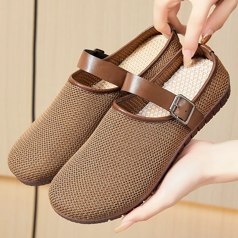 Shoes for Women Summer New Versatile Retro Soft-soled Women's Shoes Ins Women Outer Slippers Flying Mesh Bread Toe Half Support