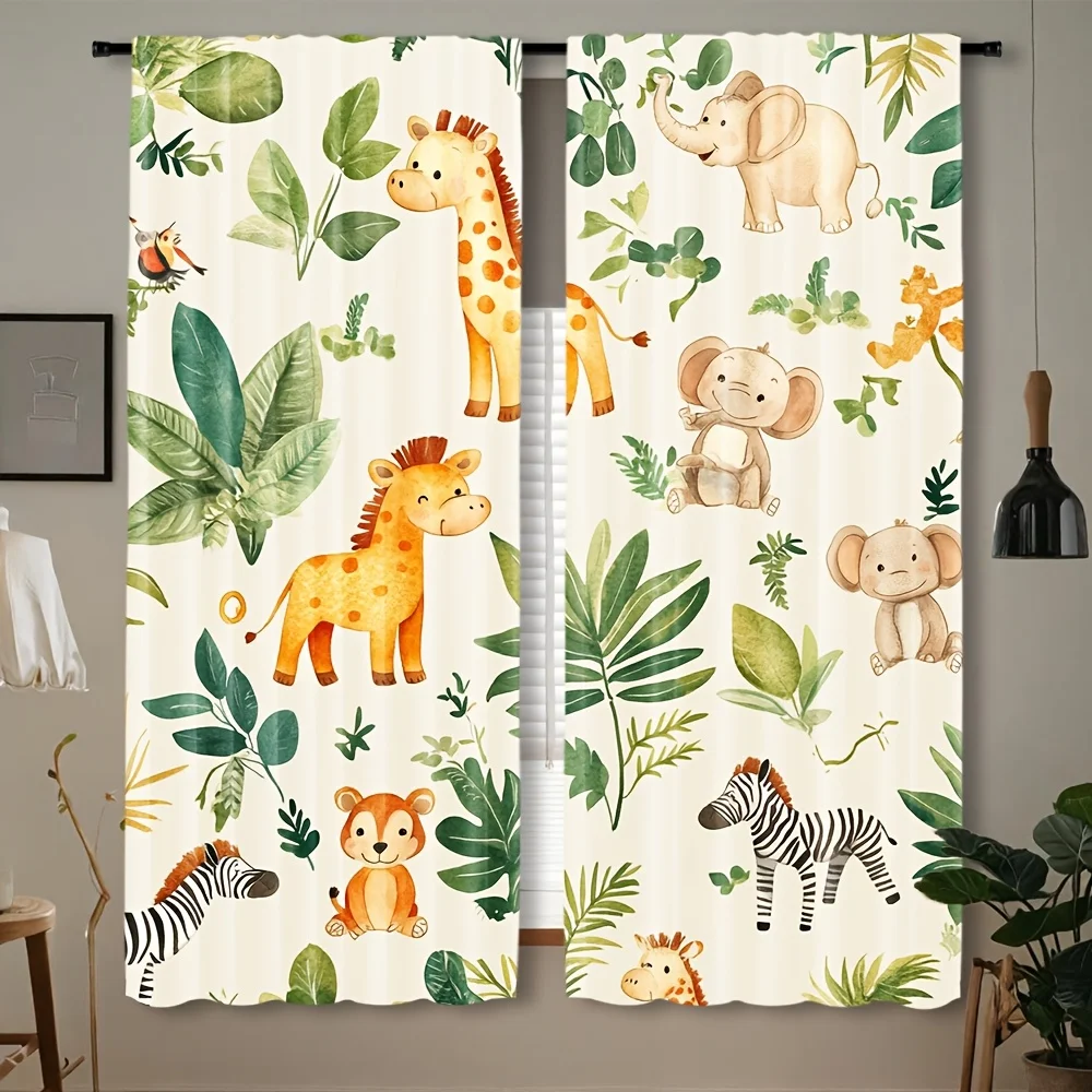 Cute Watercolor Safari Animal Curtains 2 Panels, Tropical Leaf Giraffe Elephant Zebra Drapes for Gentle Kids Nursery Decor