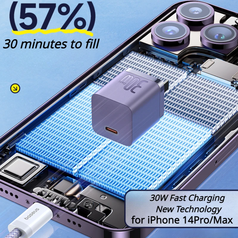 Baseus 30W GaN 5 Fast Charging Charger PD3.0 Phone Charger Mini Type C Tablets Charger for iPhone 14 13 12 11 Xs Max Macbook