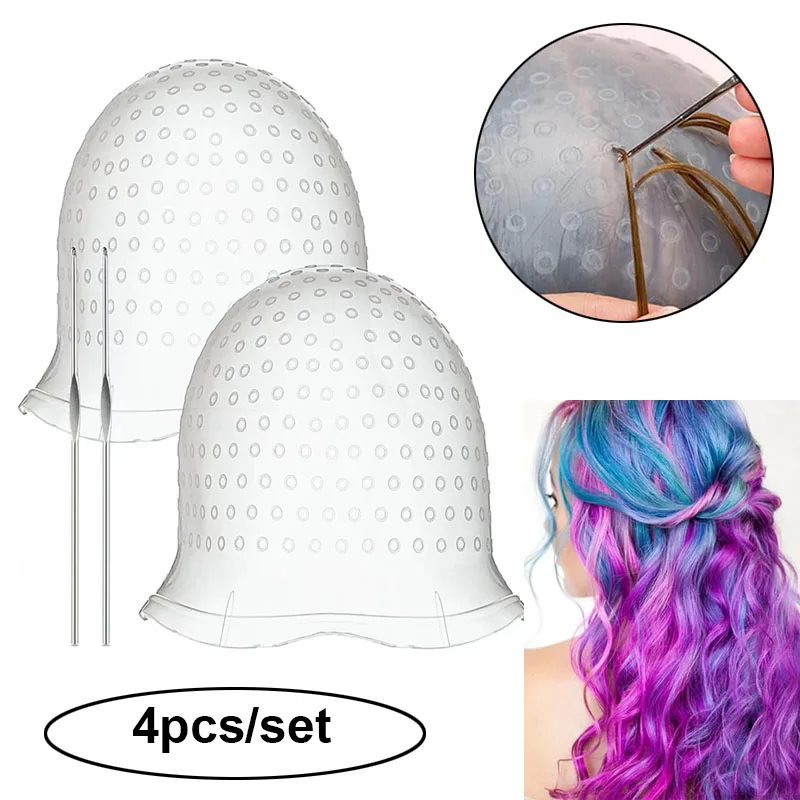 Silicone Hair Coloring Highlighting Cap with Hooks 2 Set Reusable Silicone Highlight Cap Pull Through Hair Coloring Frosting Cap