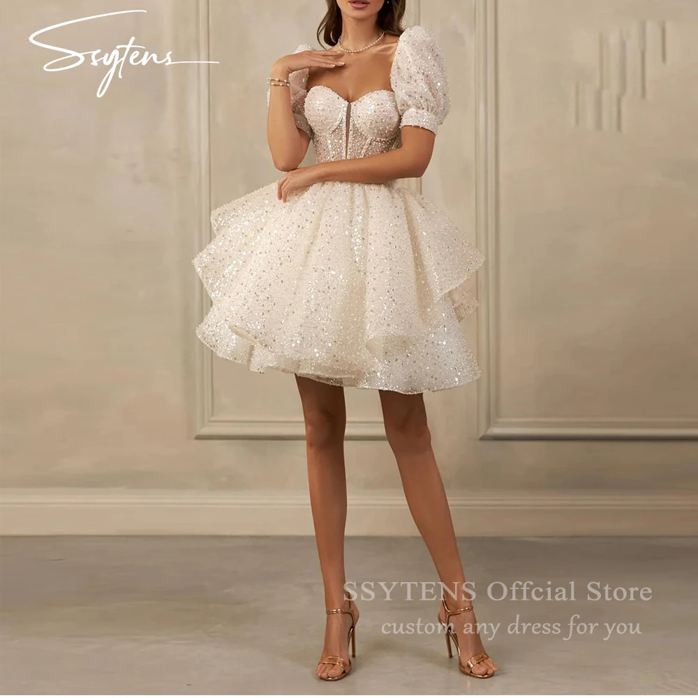 Sparkly A-Line Shiny Short Wedding Party Dresses Short Sleeves Tiered Sequined Brides Gowns for Women Sweetheart Cocktail Dress