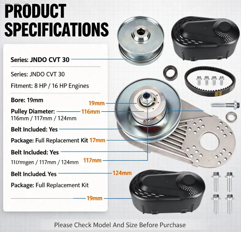 JNDO CVT 30 Series Torque Converter Kit, Complete Clutch Pulley Belt Replacement Set, Fits 8 HP / 16 HP Engines, with Screws, Ga