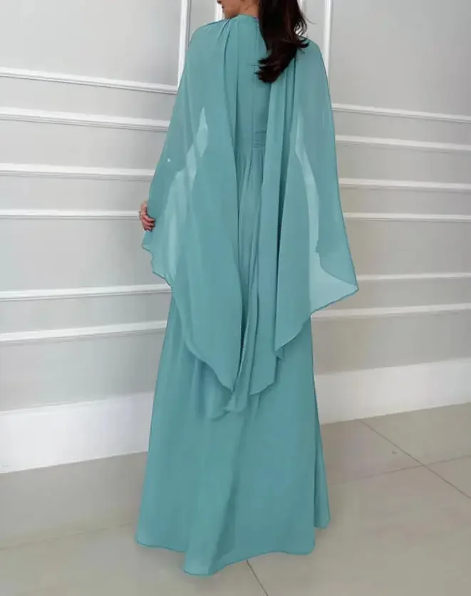 

2026 New Women's Sleeveless Cloak Round Neck Solid Color Chiffon Long Dress Ruffle Waist Flower Evening Dress Banquet Dress