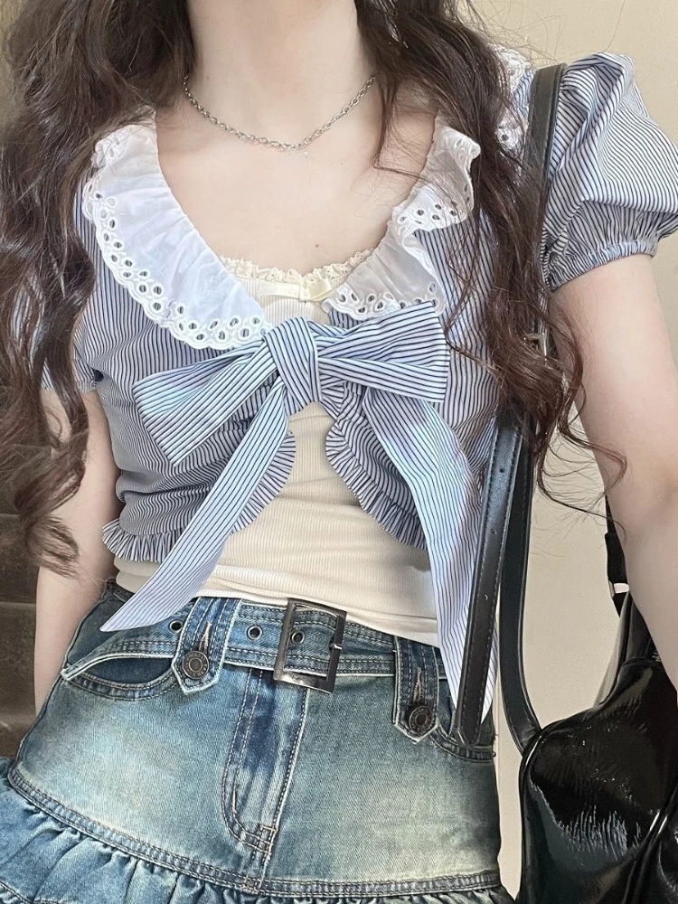 

Pink Kawaii Two-piece Set Tops Women Blue Striped Casual Sweet Blouses Female Bubble Sleeve Korean Fashion Clothing Summer 2023