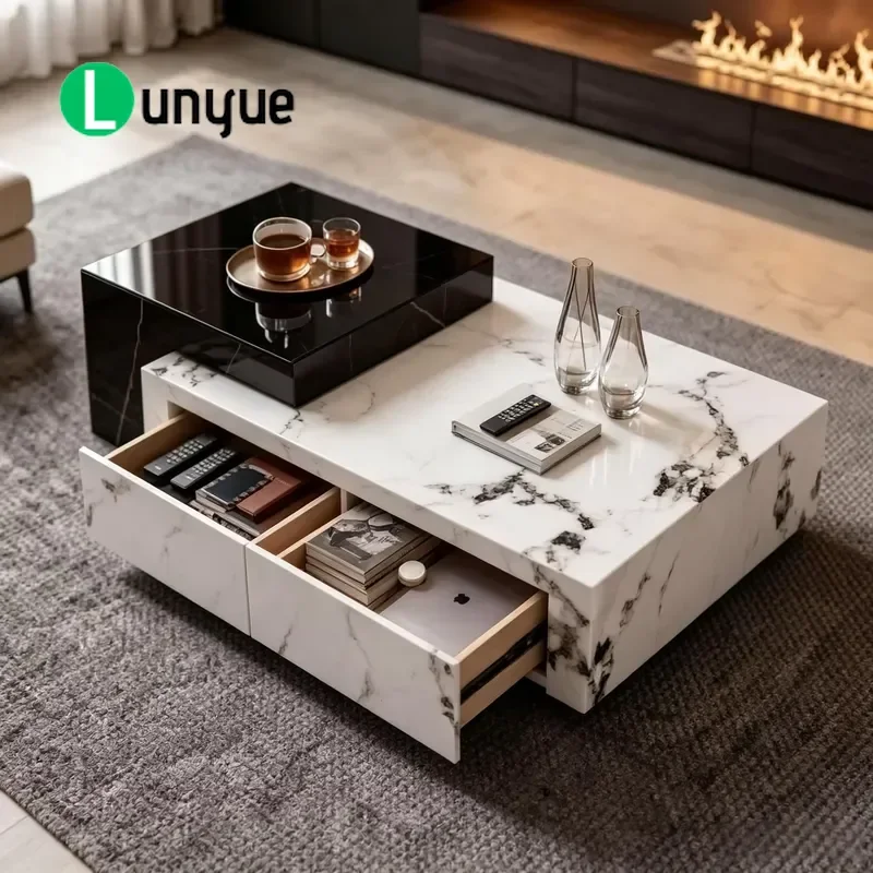 Italian Simple Stone Top Coffee Table with Hidden Drawers Two Tone Glossy Finish Modern Living Room Center Storage Furniture