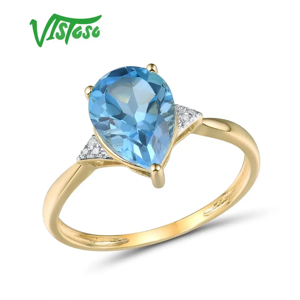 VISTOSO Pure14K 585 Yellow Gold Ring For Women Sparkling Diamond Limpid Blue Topaz Anniversary Classic Fine Jewelry