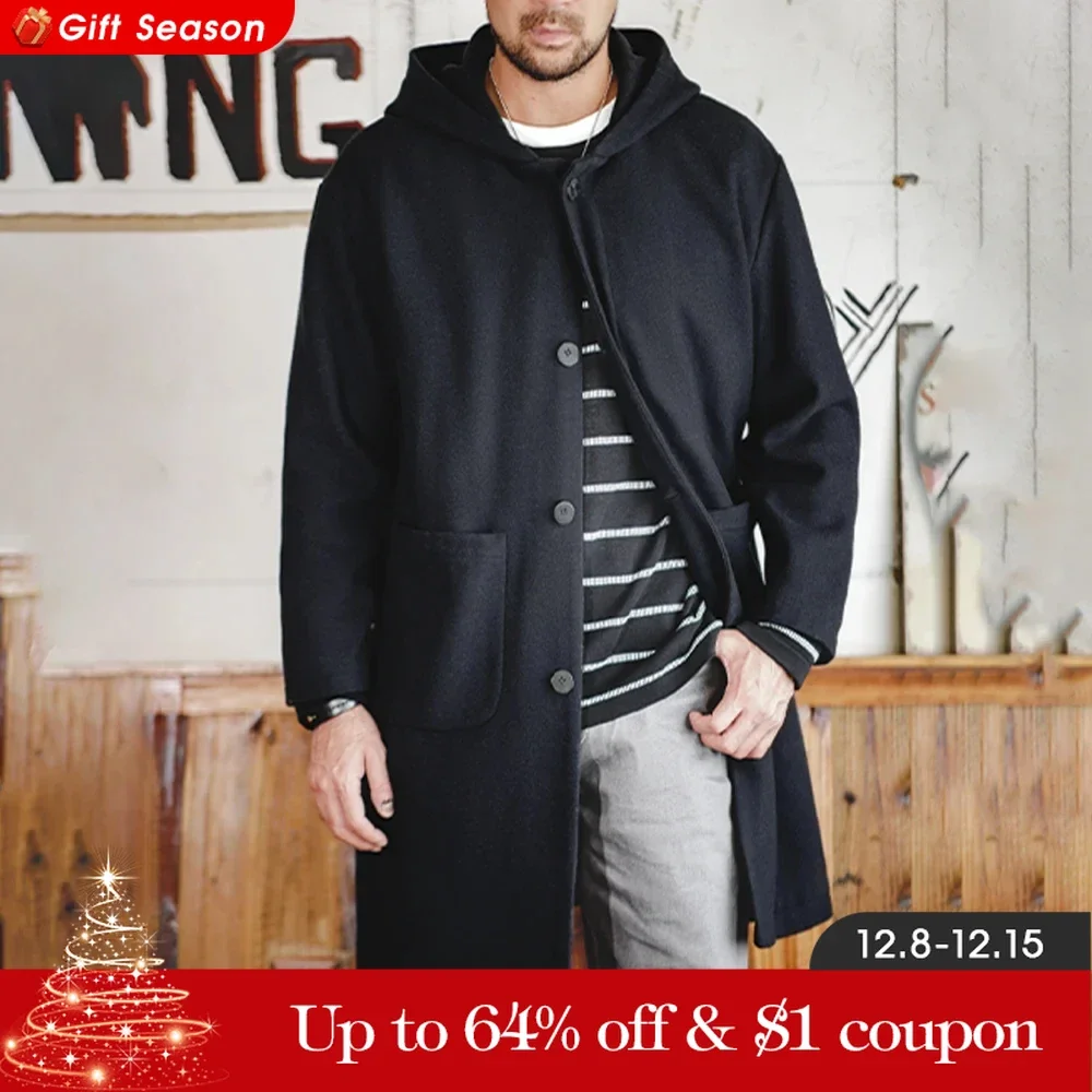 Maden Vintage Navy Blue Wool Hooded Coat Mid-Length Fleeced Jacket with Single-Breasted Warm College Style Men\'s Casual Overcoat