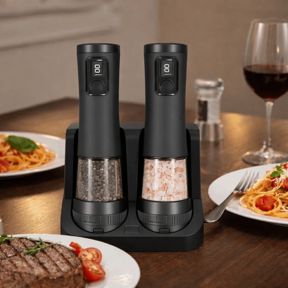 USB Rechargeable Electric Pepper Salt Grinder Set Adjustable Coarseness LED Indicator Automatic Pepper Salt Grinder Refillable