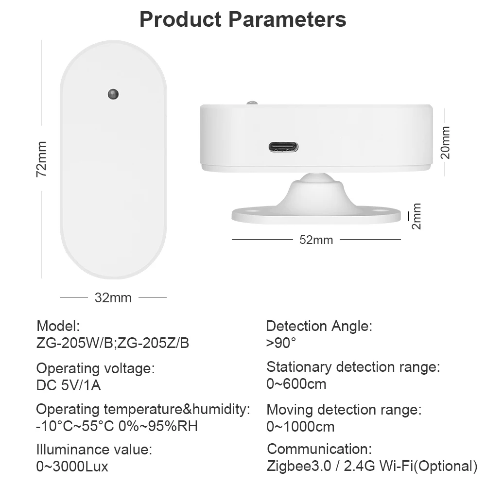 Detector de Pressão Humana Inteligente, Sensor de Detecção de Radar Milimétrico, Segurança Doméstica, Proteção Energética, Tuya WiFi, ZigBee, DC 5V