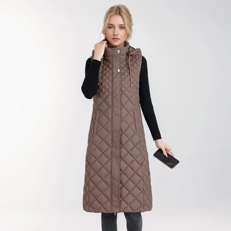 

Lady's Winter Lightweight Vest Geometric Print Zipper Fly Pockets Hooded Female's Padded Coat Long Over-the-knee Coats For Women