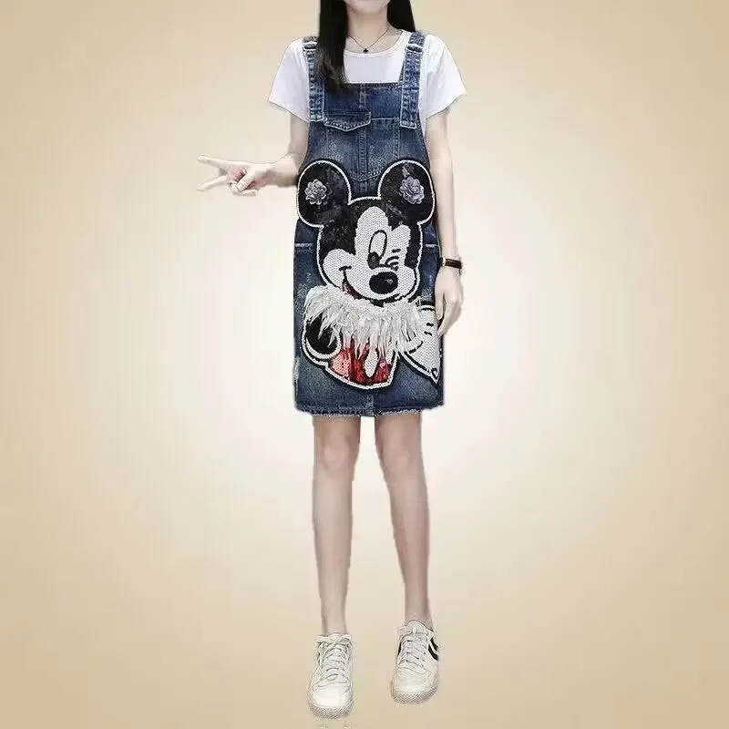 

Summer New Women Clothing Cartoon Sequins Mickey Cute Cowboy Strap Skirt Korean Edition Fashion Strap Skirt for Women