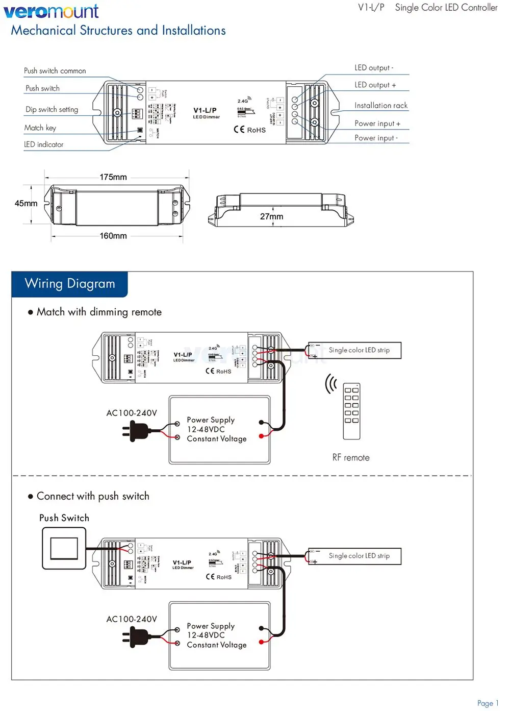 Skydance V1-L/P 1CH*15A DC12-48V CV Controller Self-Reset Switch 2.4G RF Push-Dim PWM Dimmer for Single Color LED Strip Light