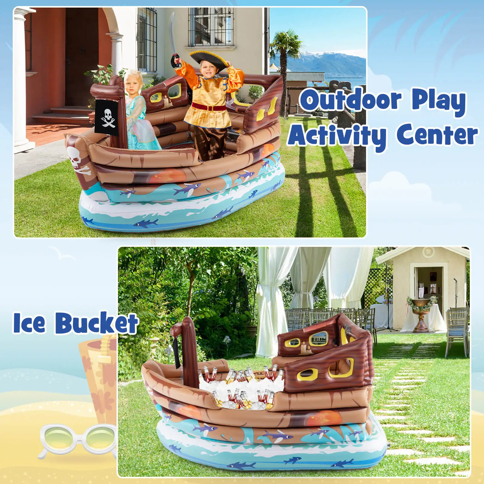 Inflatable Pirate Ship Playhouse w/ Built in Motor Inflatable Toy Sword