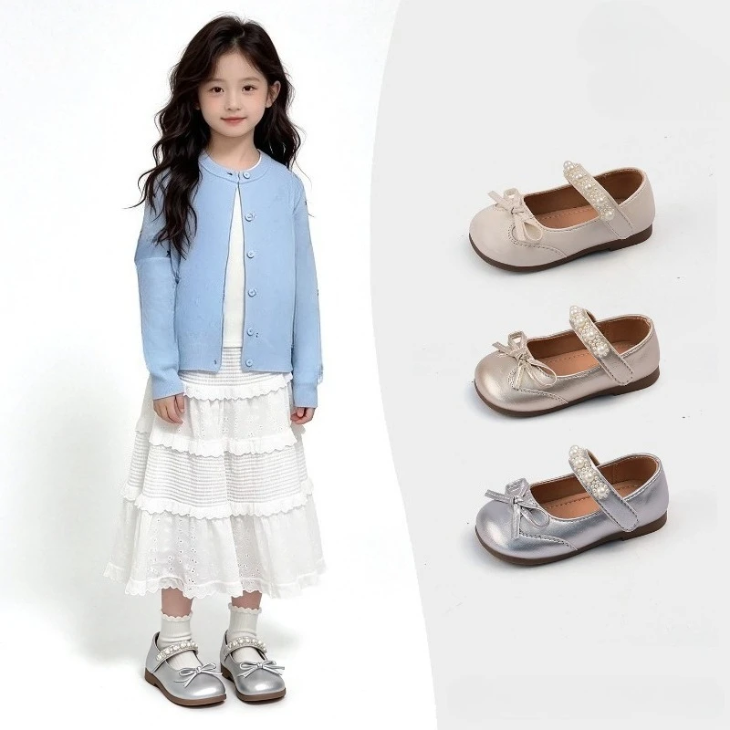 Little Girls Princess Dress Shoes Pearl Bow Children's Leather Shoes for Wedding Party Kids Causal Perform Flat Mary Jane Shoes