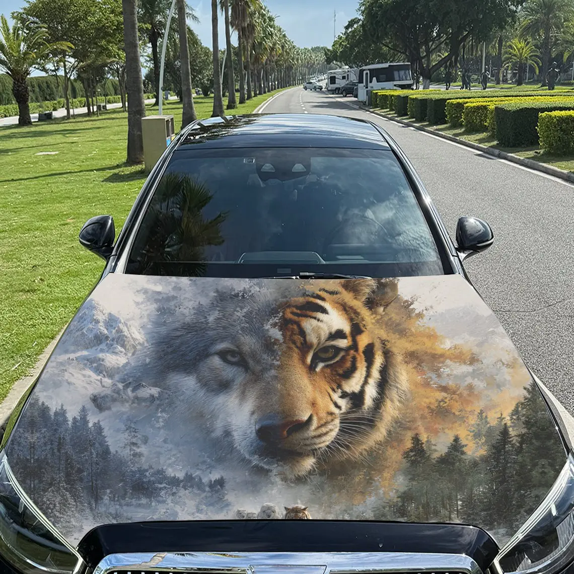 Wolf - Tiger Hybrid Forest & Mountain Car Vinyl Wrap, PVC Material Waterproof Car Hood Sticker, Self-Adhesive Scratch-Resistant