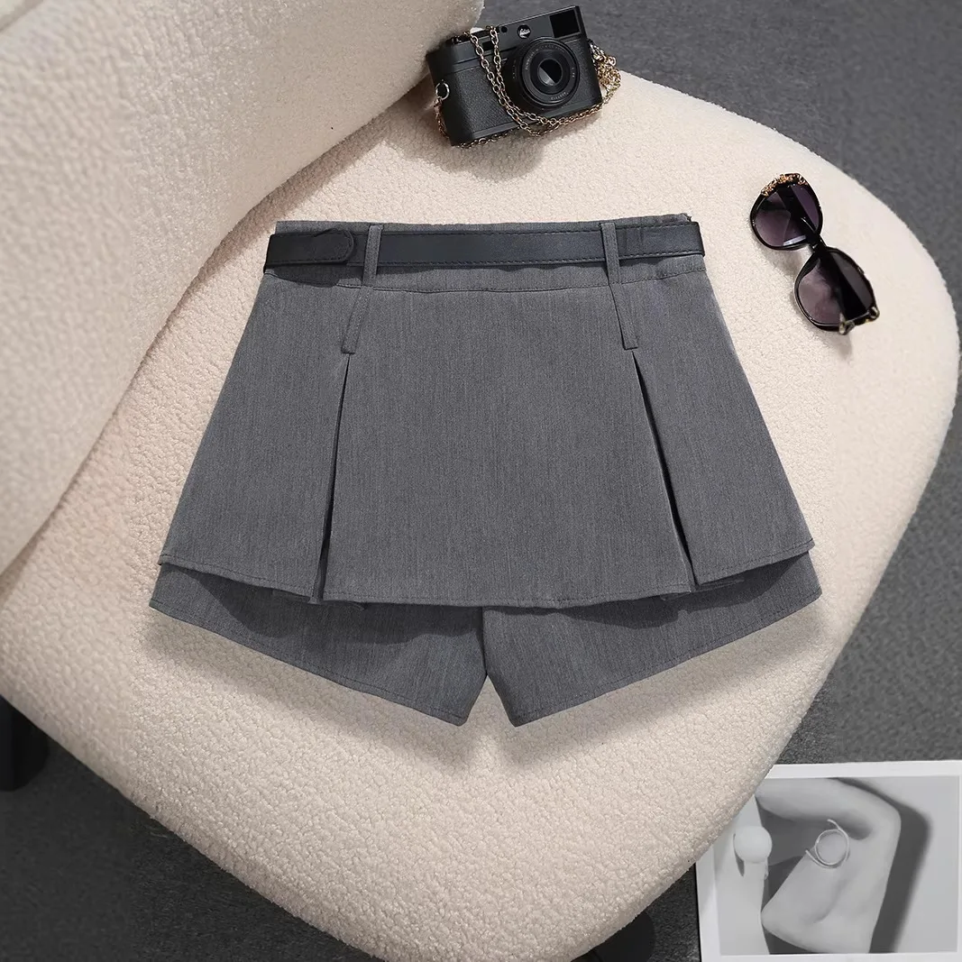 With Belt High Waist Spice Girl Short Skirt Summer New College Style Anti-light Pleated Skirt Women