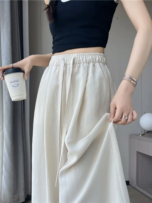 Linen Cotton Blend Wide Leg Pants Women's Summer Thin Drapey Cool Feeling Lyocell Cotton Linen Knife  Ice Silk Pants