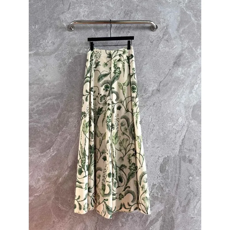 Green Vine Print Wide Leg High Waist Pants Trousers Blouse Tops Set 2025 New Fashion Style High Qaulity Contton