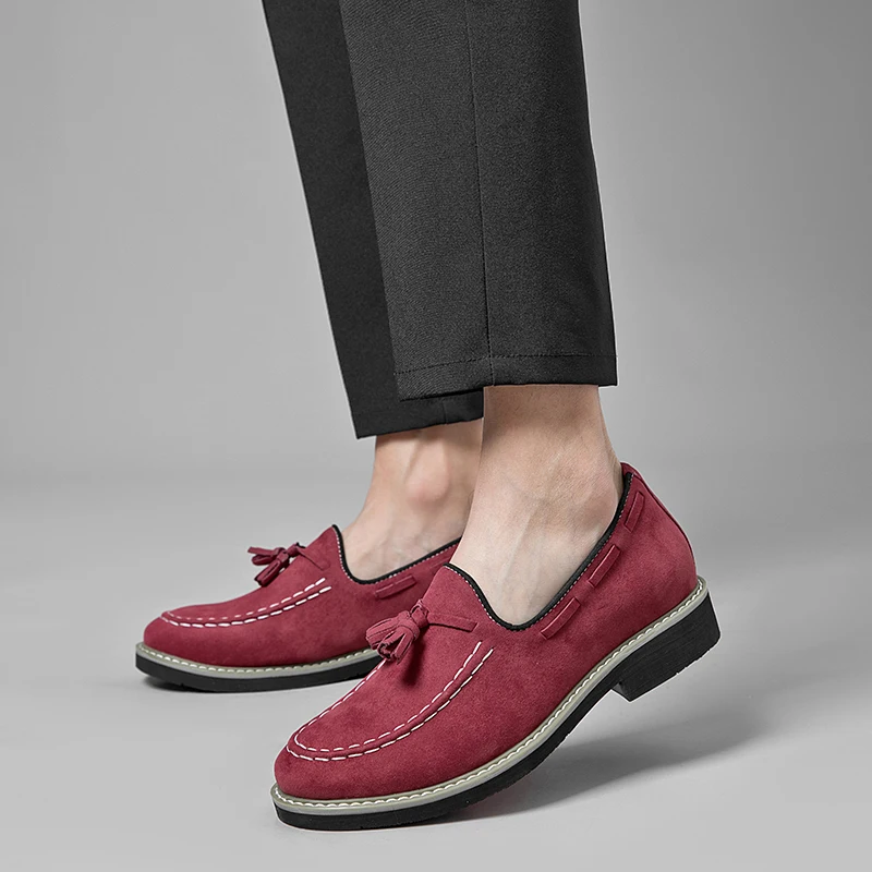 Retro Red Suede Leather Shoes Men Large Size 38-48 Tassel Loafers Man Comfortable Leisure Shoes Business Casual Shoes for Men