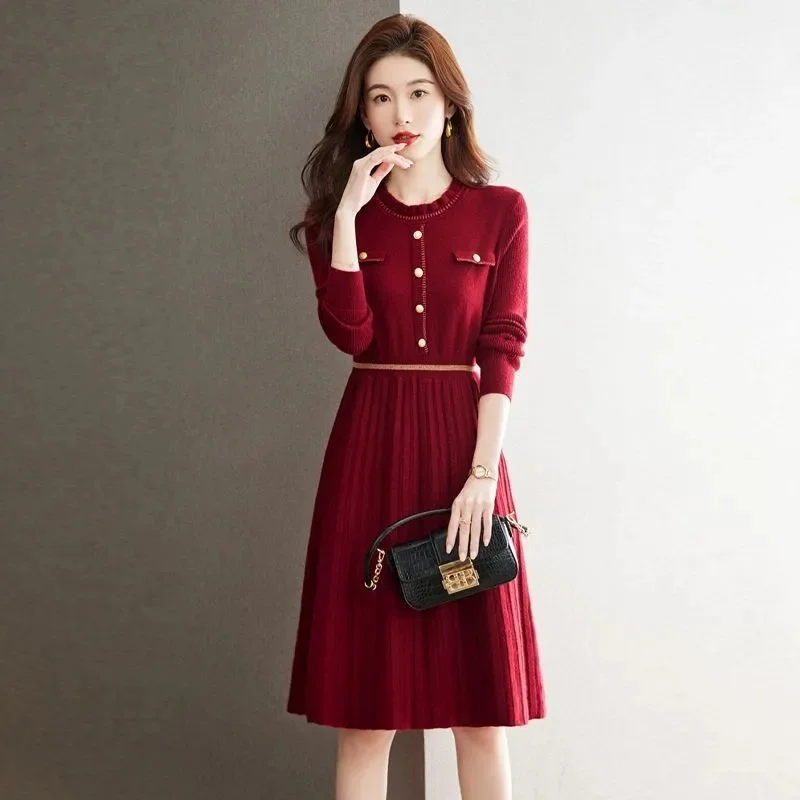 

Новые женские платья, вязаное платье с небольшим ароматом темперамента, осенне-зимнее свободное весенне-осеннее длинное платье-свитер, юбка