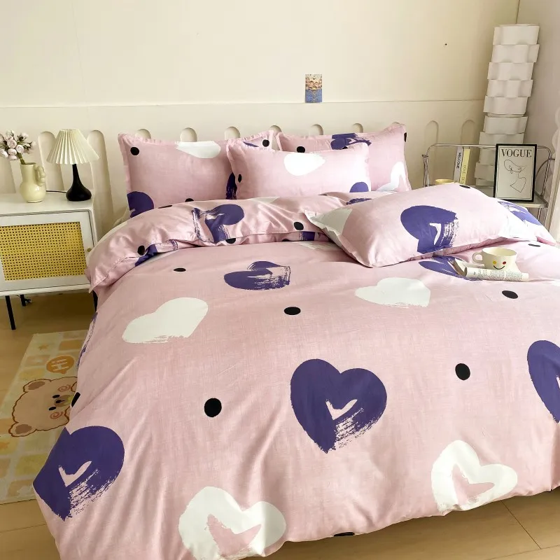 4pcs Pink Base Heart & Polka Dot Bedding Set Soft Breathable Bed Linen with Duvet Cover, Pillowcases Sheet, Full/Queen/King Size