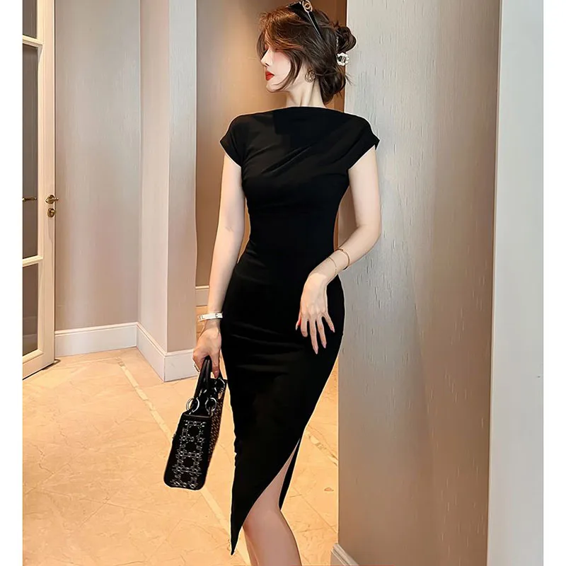 2026 Sommer Damen Premium Drapiertes Wadenlange Kleid Elegantes Schwarzes Kleid mit Seitenschlitz für Damen Schlichtes Sommerkleid