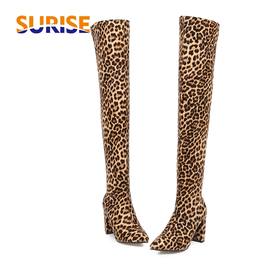

Sexy Stretch Leopard Over Knee Boots Women High Chunky Heels Purple Club Party Lady Winter Slip-on Pointed Toe Thigh High Boots