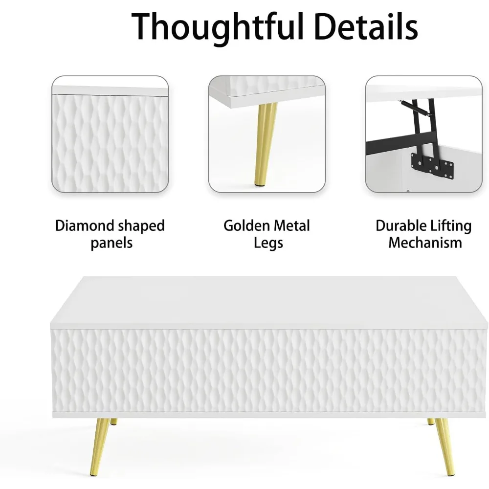 Mesa de centro, 39,37 pulgadas con almacenamiento oculto, mesa de comedor con panel curvo y cuatro patas, mesa de centro elevable