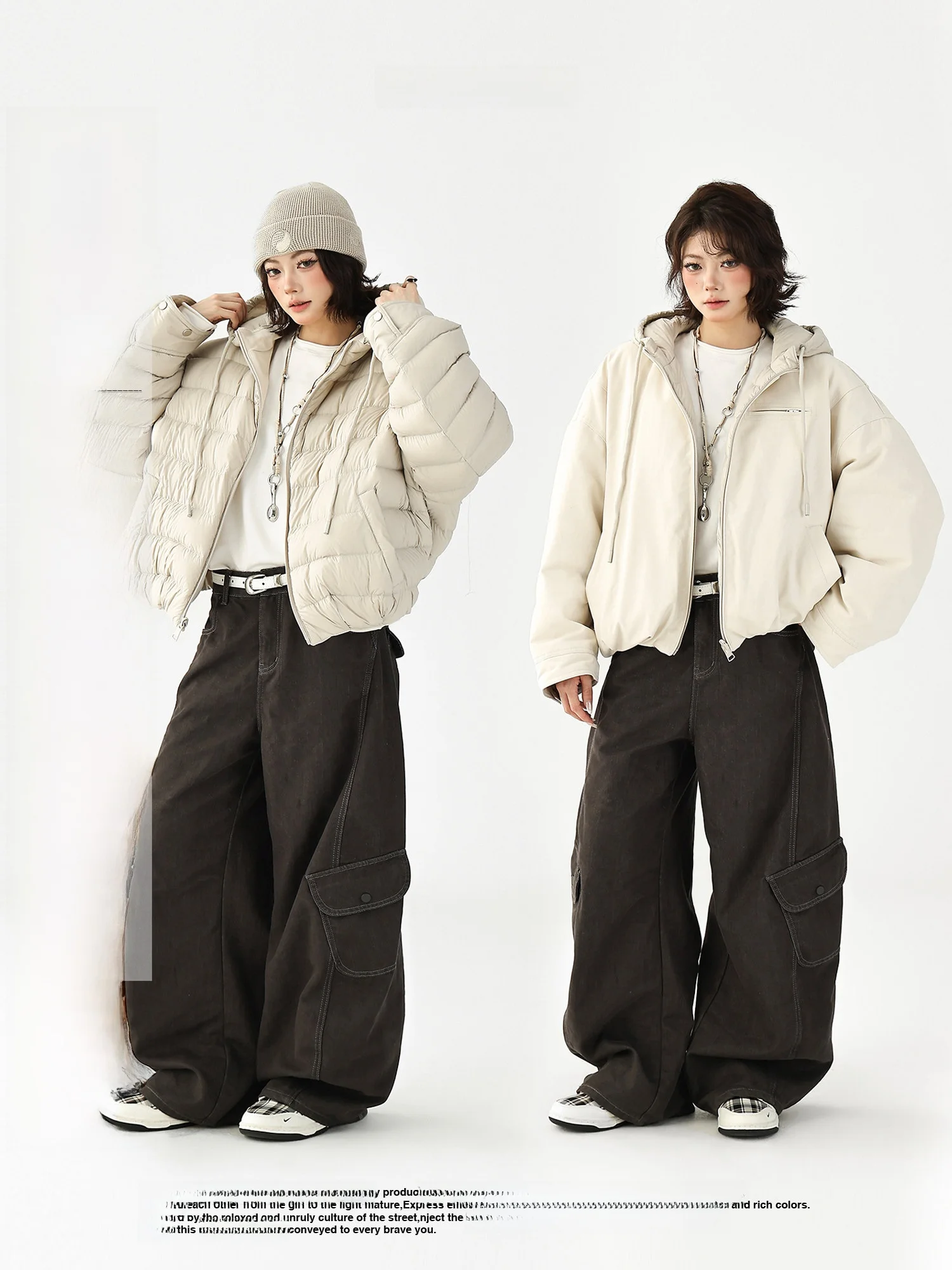 

AceStudios Double-Sided Wear College Sle 90 White Du down ort Padded Jaet Loose Fit Thiened Outerwear for Women