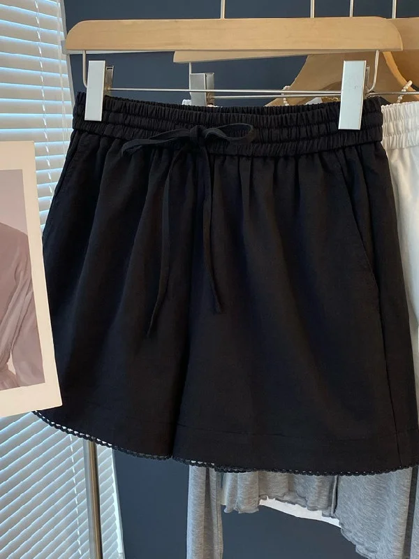 

plus Size High Waist Lace Patchwork Drawstring Shorts Women's Summer Casual Loose Fit Polyester Fiber Skin-friendly Breathable