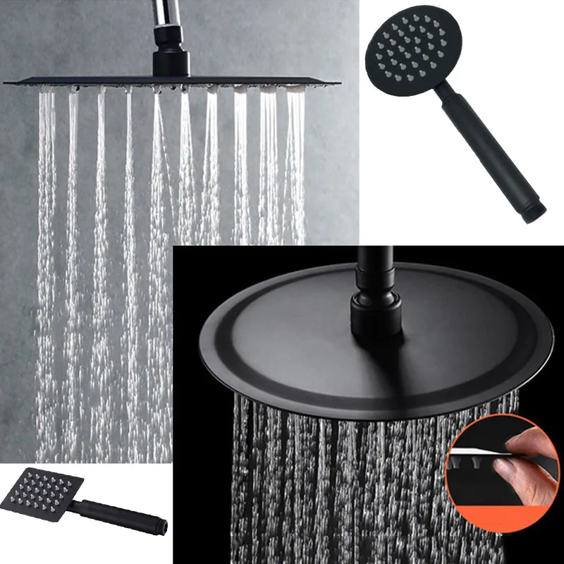 

New Matte Black Stainless Steel 6"/8"/10"/12" Round Square Ultra-thin Rainfall Shower Head /Handheld Shower/Extension Shower Arm