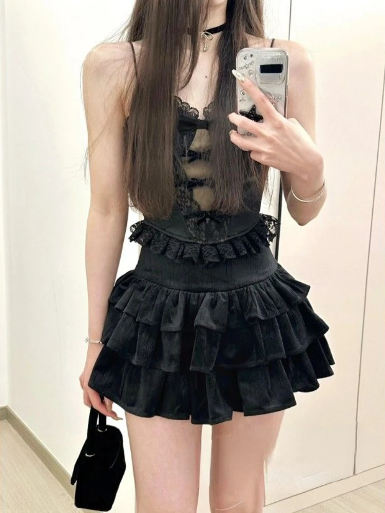 Summer Sexy Lace Two Piece Set Women New Strap Bow Tops + Pleat Mini Skirts Female Fashion Y2k Patchwork Hollow Out Party Suits