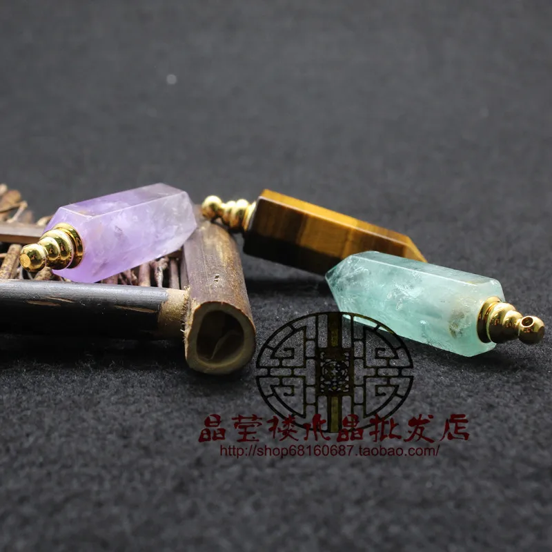 Natural Gems Stone Faceted Prism Perfume Bottle Pendants Necklace,Cut Hexagon Points Crystal Essential Oil Diffuser Vial Charms