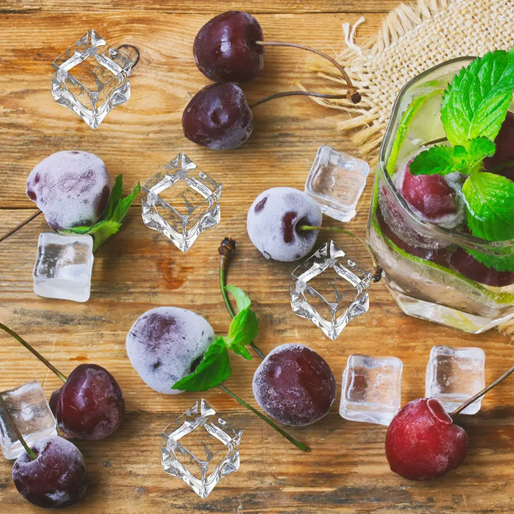 50Pcs Fake Acrylic Ice Cubes Transparent Simulation Square Cubes Decorative Props Reusable Photo Props Bar Home Display