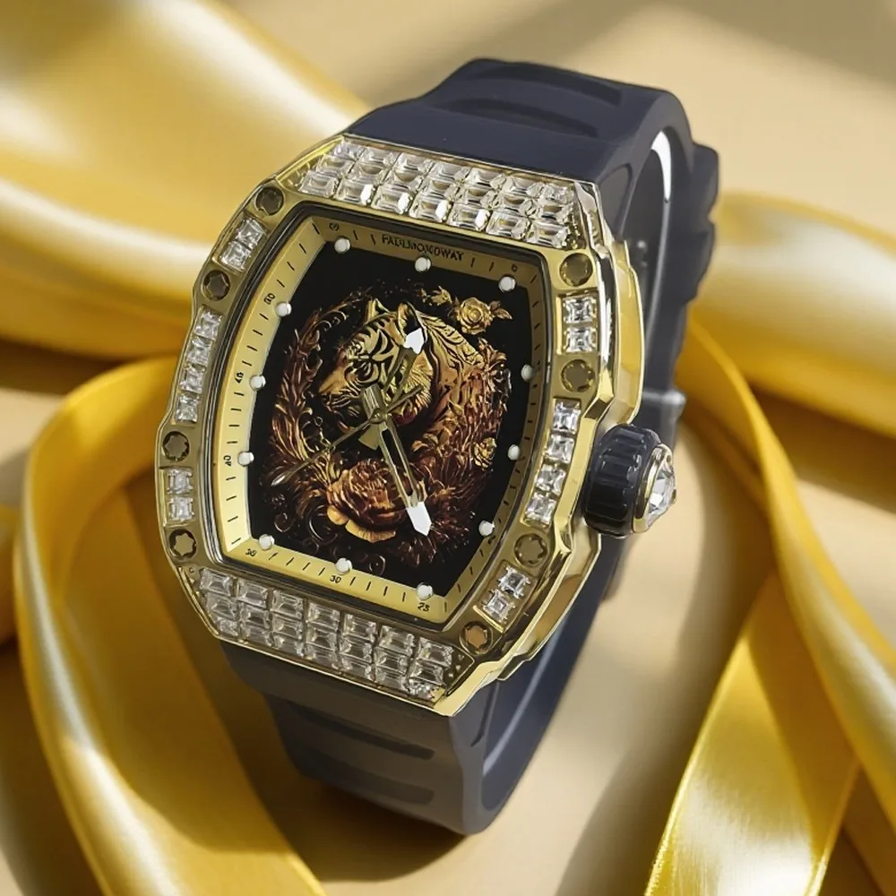 Nowy męski zegarek na rok 2025, automatyczny mechanizm, luksusowy zegarek dla mężczyzn, tarcza z motywem tygrysa, zegarek mechaniczny, wodoodporny, składane zapięcie.