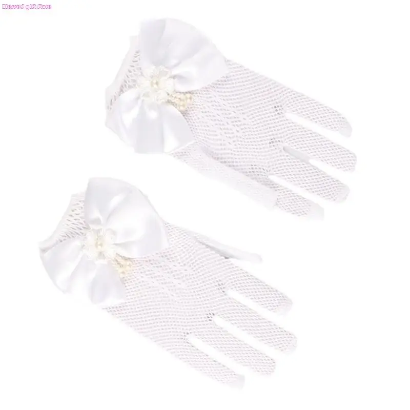 

D0JC Sophisticated Gloves Sweet Mittens for Girls' Gowns Dress Feature Lace and Faux Pearls Accents for Formal Event