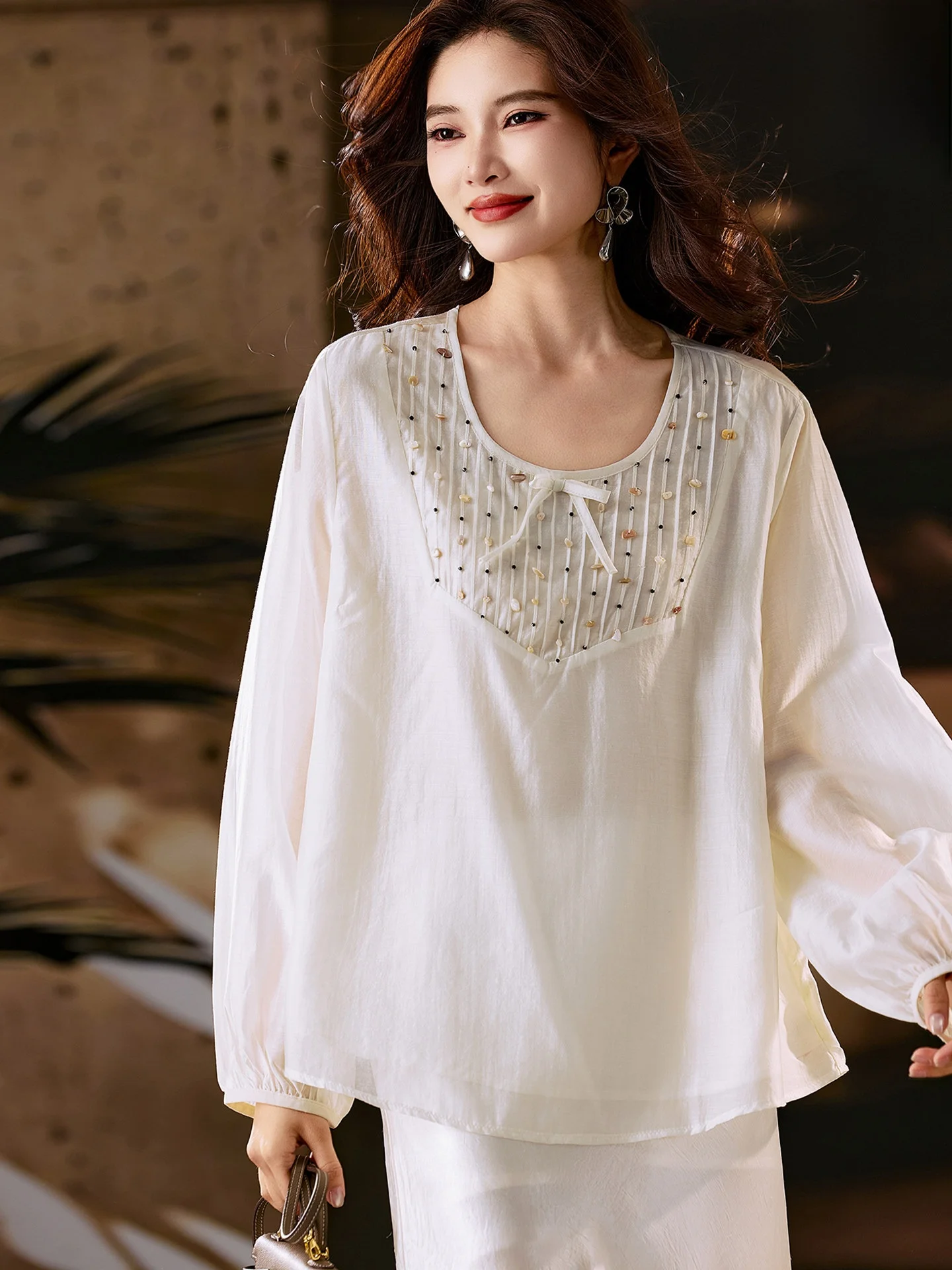 

Casual White Beaded Chiffon Top Women's plus Size New Winter Street Sle Faion Breathable Long Sve round Ne irt