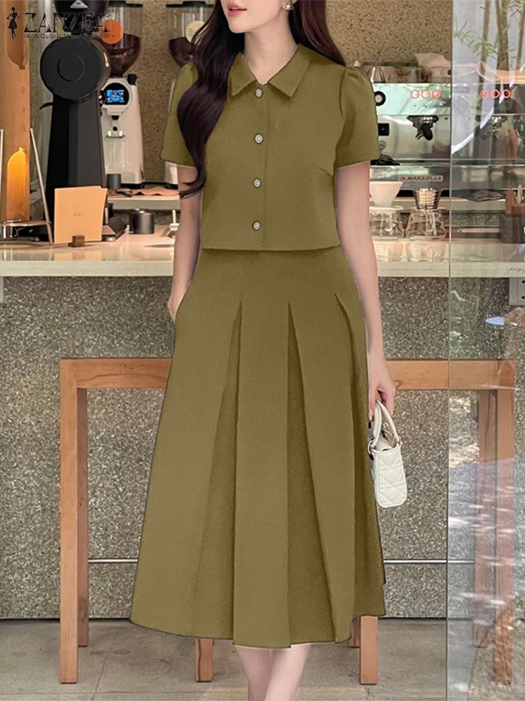 

ZANZEA 2025 Pleated Dress Sets Women Casual Loose Short Long Skirts Fashion Solid Color Elastic Waist Suits 2PCS Matching Sets