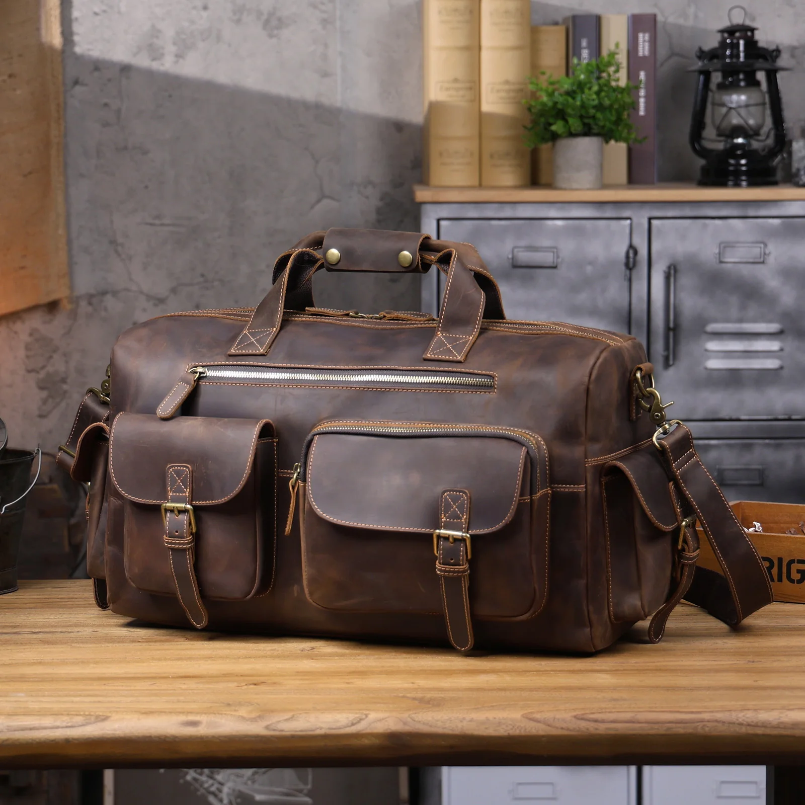 S.WORKER Vintage Vollnarbiges Rindsleder Reisetasche Große Kapazität Handgepäck Echtleder Weekender-Tasche – Detail 8