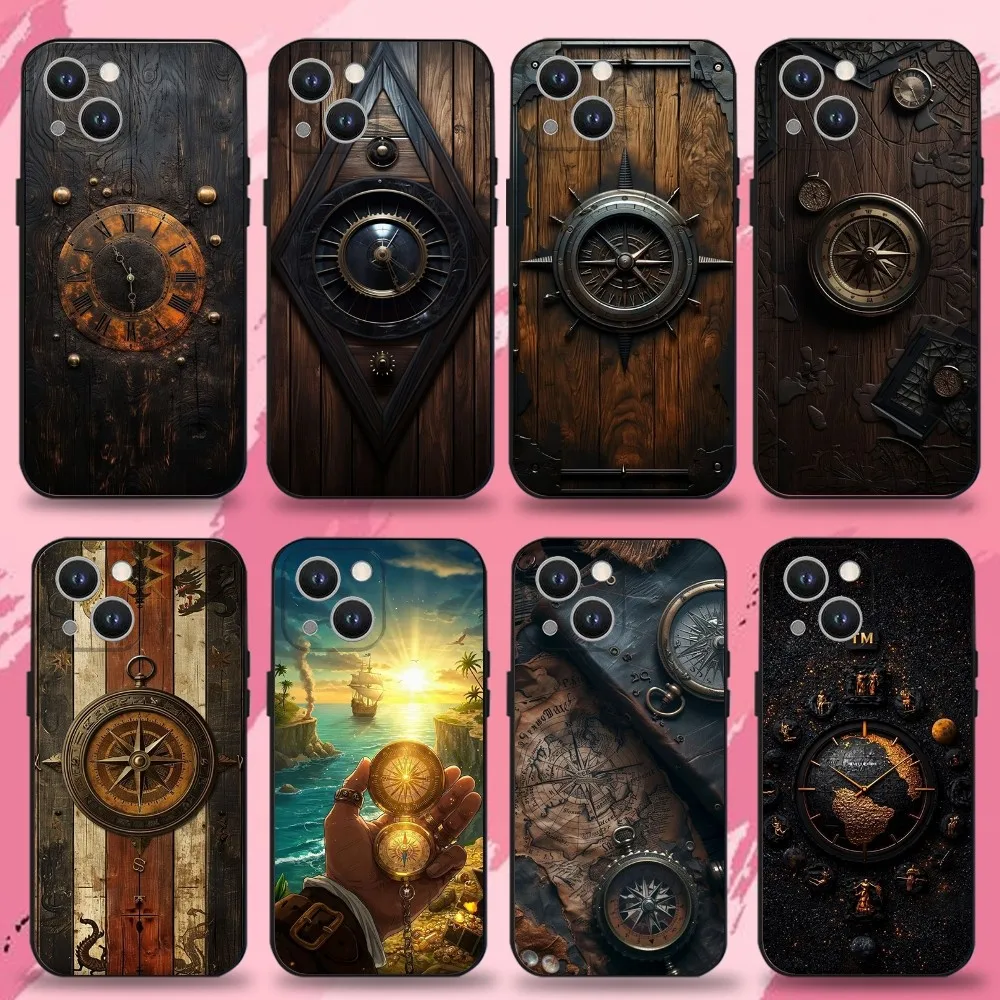 

Wood Compass Clock ART Phone Case For iPhone 16,15,14,13,12,11 Plus,Pro Max,XS,X,XR,SE,Mini,8,7,Soft Silicone Black Cover
