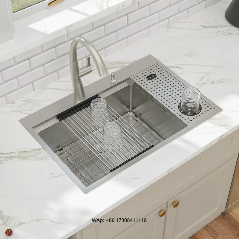 16 Gauge Deep Single Bowl Kitchen Sink 33 Inch Drop-In Workstation with Cup Washer