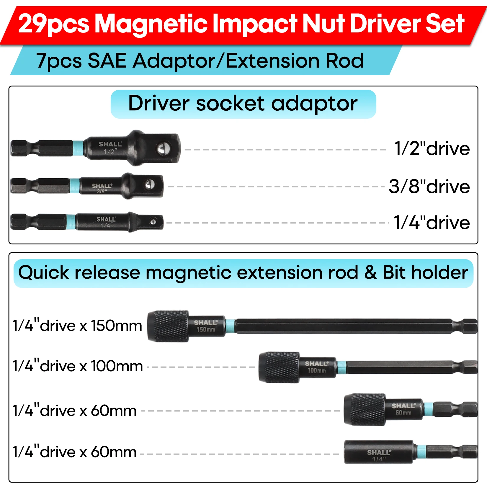 SHALL 29Pcs Magnetic Nut Driver Set Impact Drill Driver Bit 1/4\