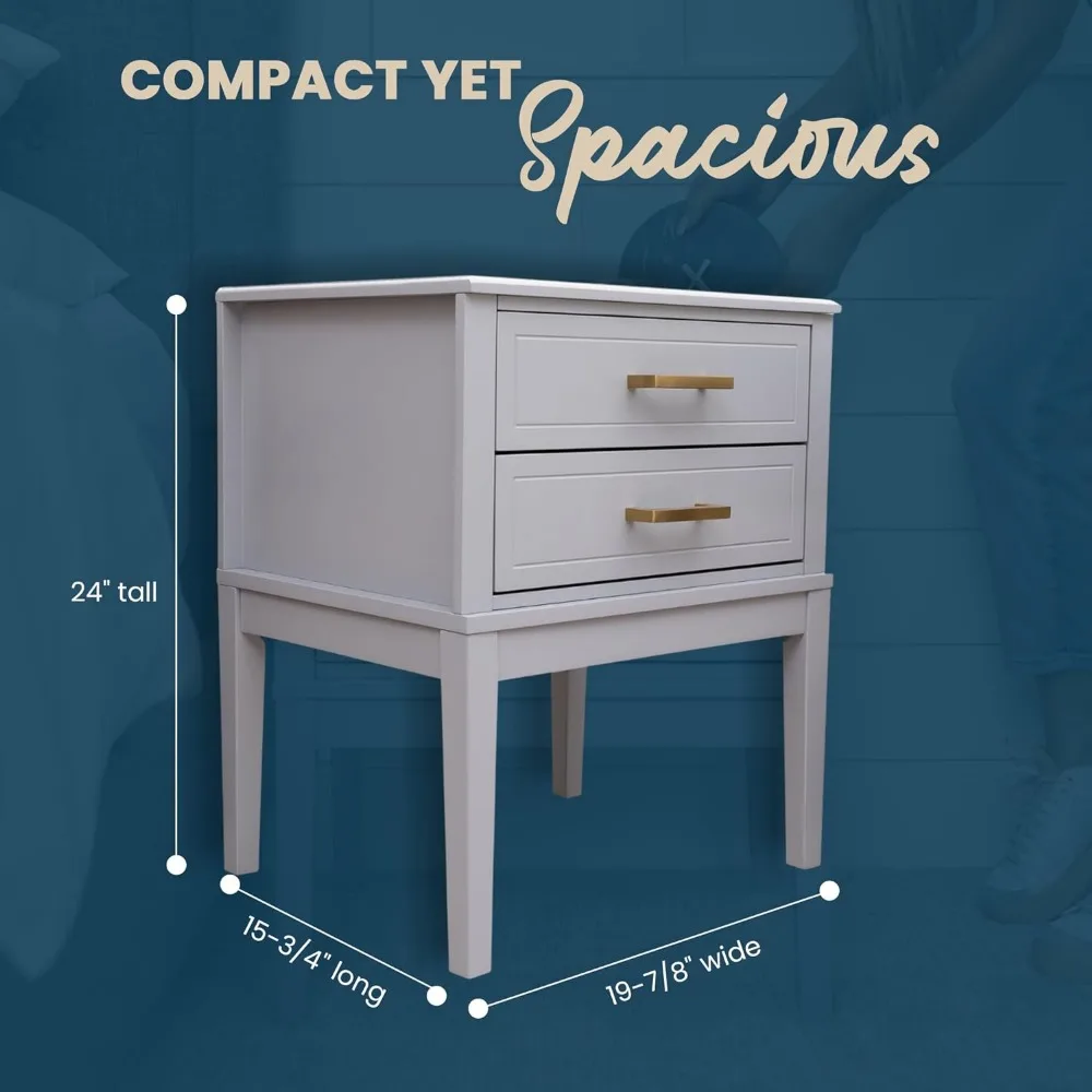 2 Drawer Side Table with Charging Station - Mid Century Modern with Polished Gold Handles, 2 USB Ports & 2 Outlets - Multifuncti