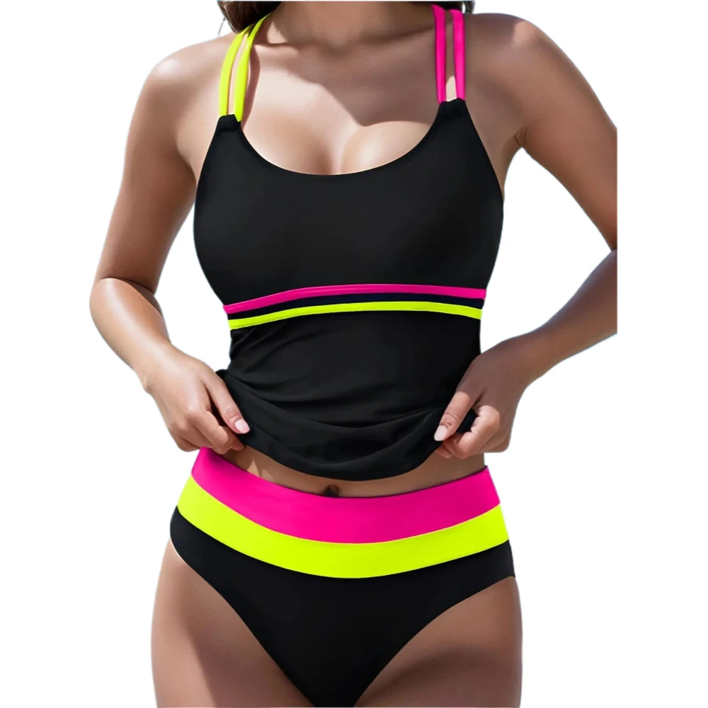 

Women Sexy Bikini Set Triangle Top Tummy Control Bottom Backless Conservative Tankini Swimsuit Colorblock Two-Piece High Waist