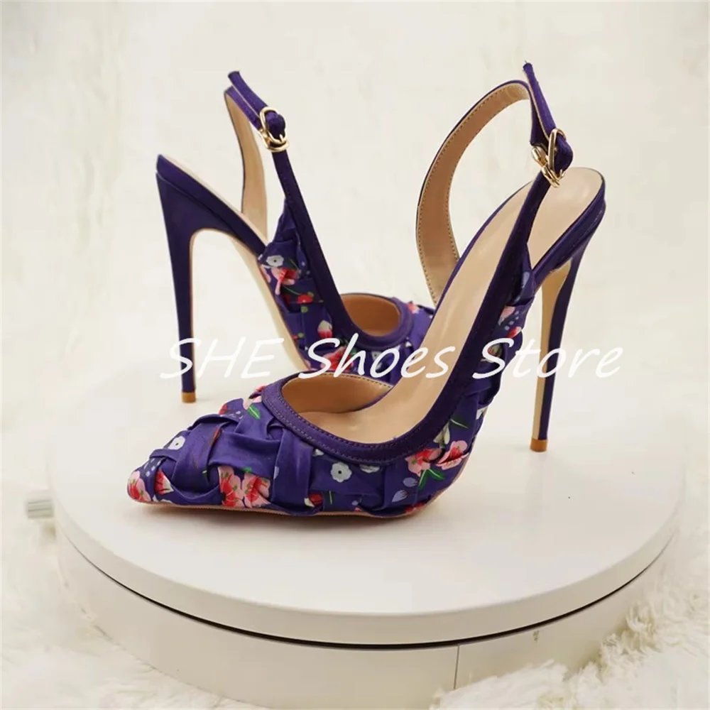 

Fashion Mixed Color Prints Pleated Women Pumps Pointed Toe High Heel Buckle Strap Sandals Ladies Business Party Dress Shoes