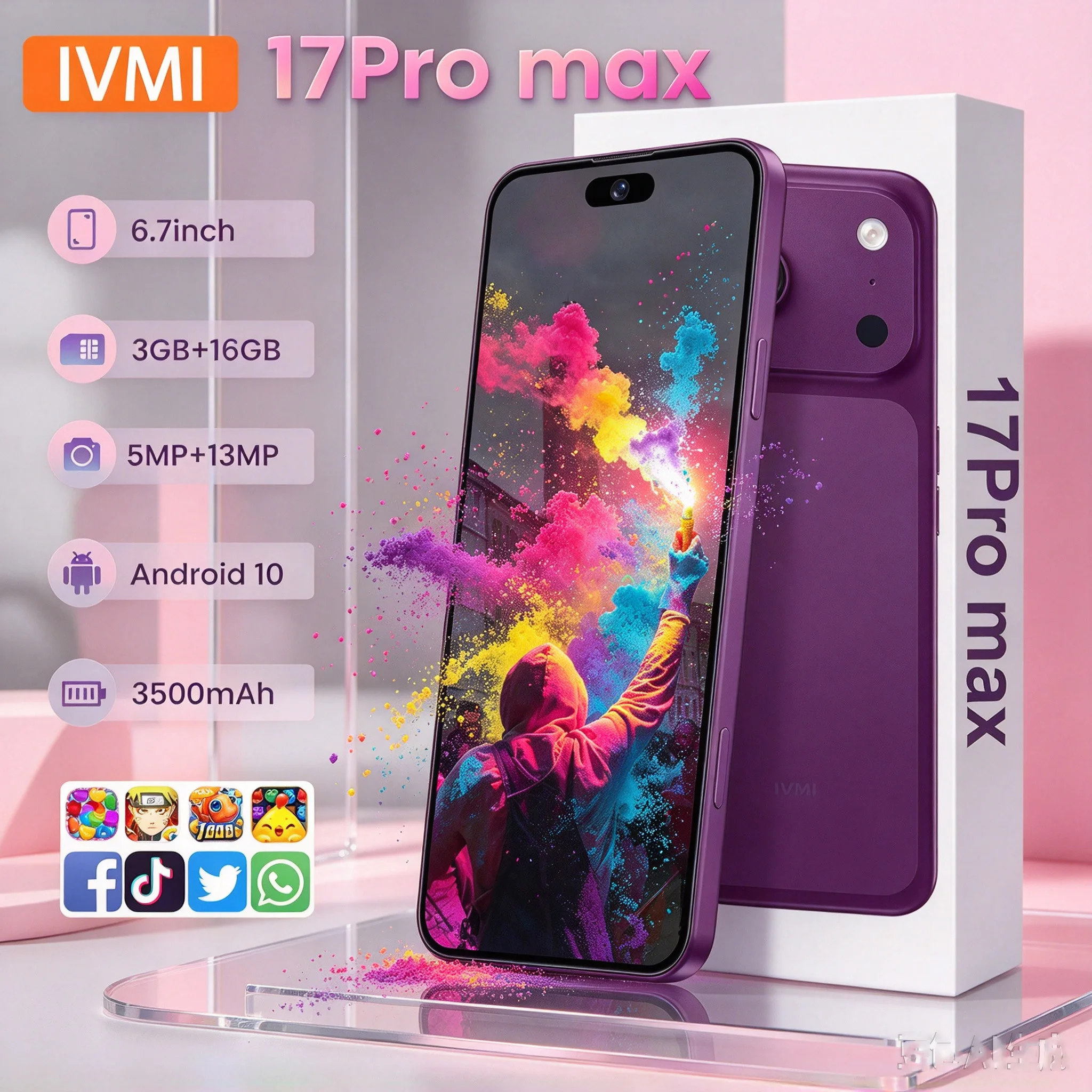 IVMI 17Pro Max Smartphone Android 3GB RAM 16GB ROM 5+13MP Face ID 4G Network Google Play Store Global Vision Mobile Phones